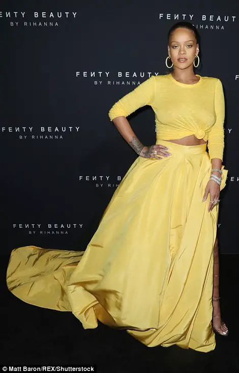 Rihanna Turns Heads In A Yellow Crow Top And Flowing Skirt As She Launches Her Fenty Beauty Collection
