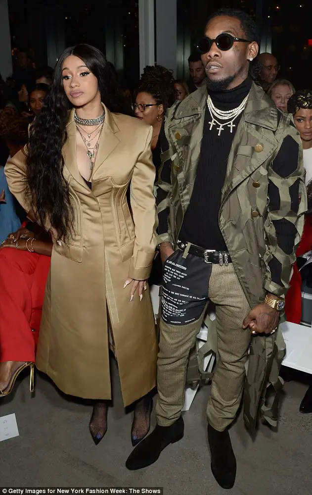 Cardi B Is Stunning In A Gold Overcoat Next To Fiancé Offset At Prabal Gurung NYFW Show